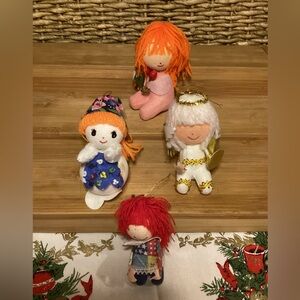 Vintage Angel & Doll Flocked Christmas Ornaments Set MCM Yarn Hair Foam Body